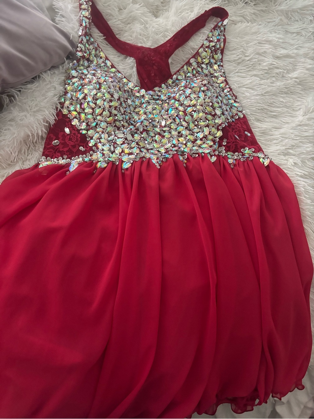 Red Jeweled Mini Dress with Sparkle Embellished Bodice